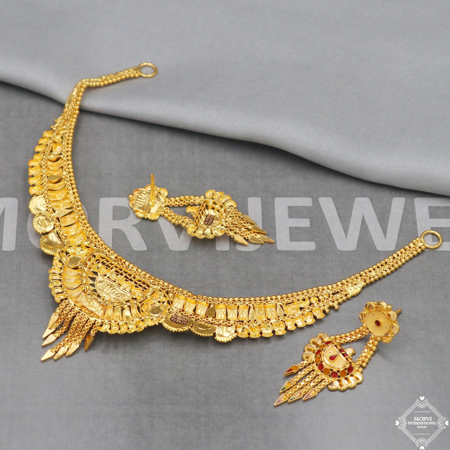 22k Yellow Gold Necklace Earrings Set, Indian Gold Wedding Jewelry Set, handmade gold set necklace earrings pair, K5008