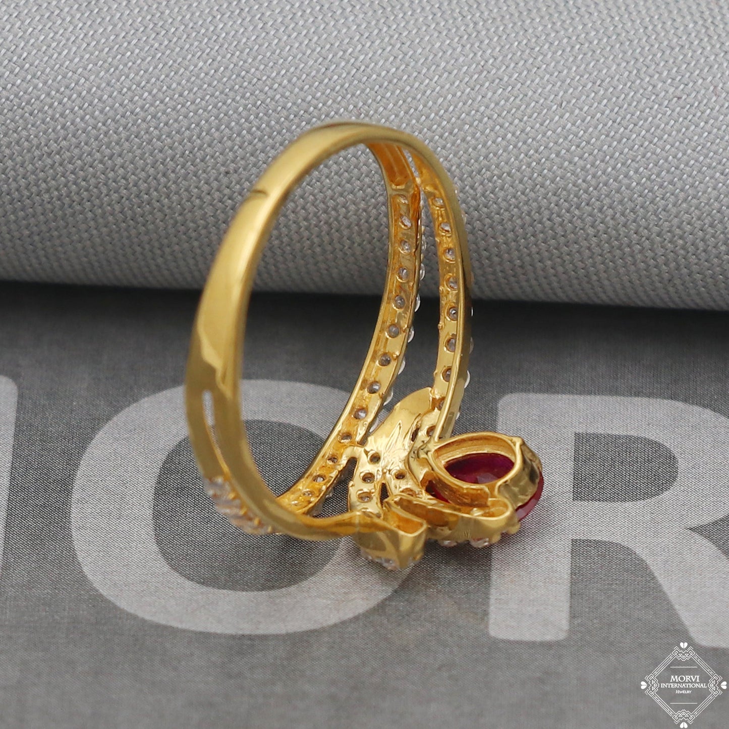 Red Stone Zircons 22k Yellow Gold Ring Jewelry, Handmade Indian Stone Ring, Zircon Gold Ring, All Size, K5044