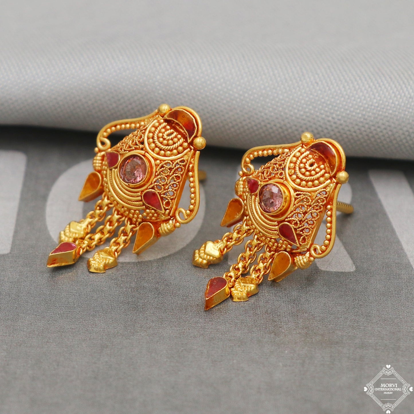 22k Yellow Gold Earrings Unique Handmade Indian 22kt Gold Filigree Earrings Jewelry for Gift, K5129