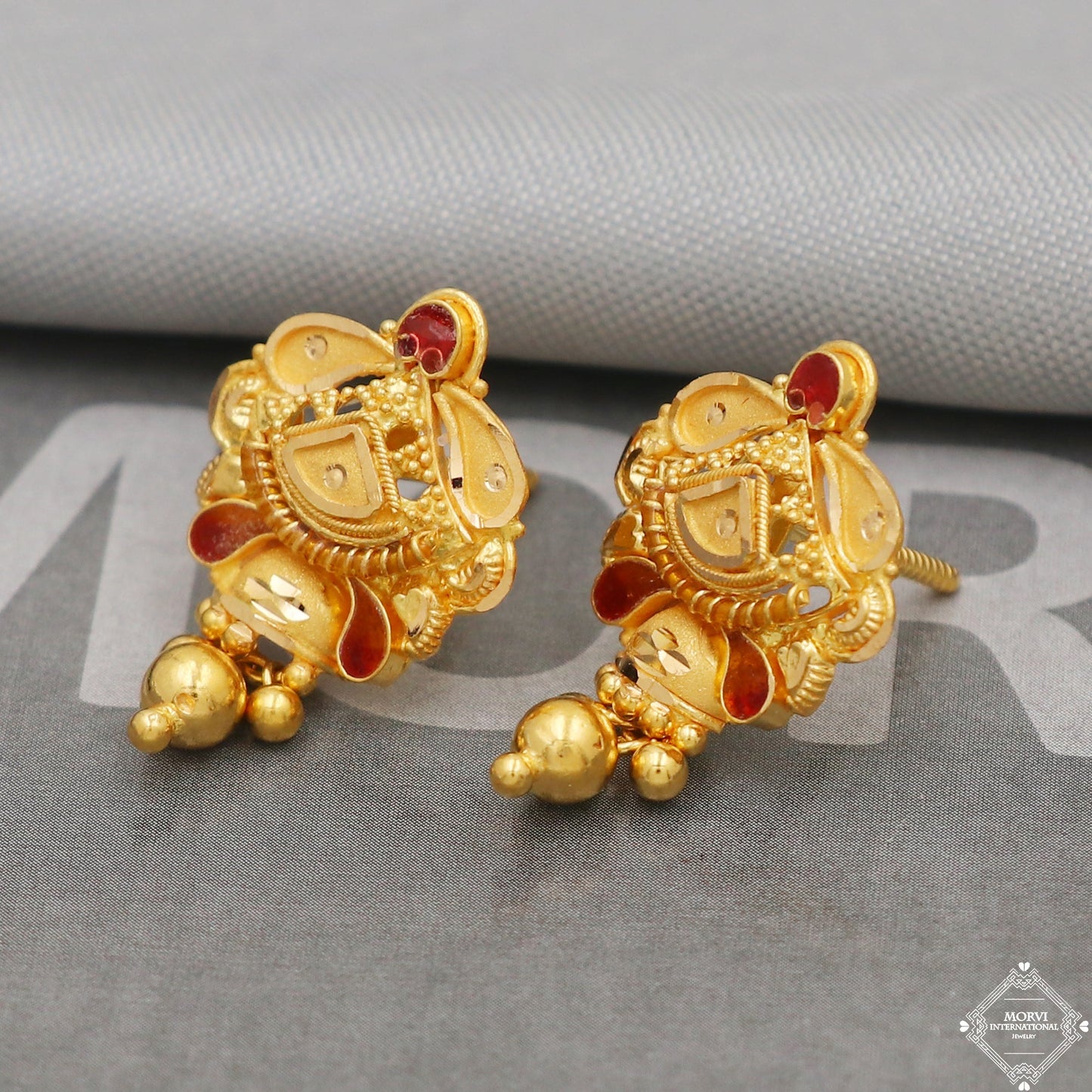 22k Yellow Gold Earrings Unique Handmade Indian 22kt Gold Stud Dangling Bells Earrings Jewelry for Gift, K5133