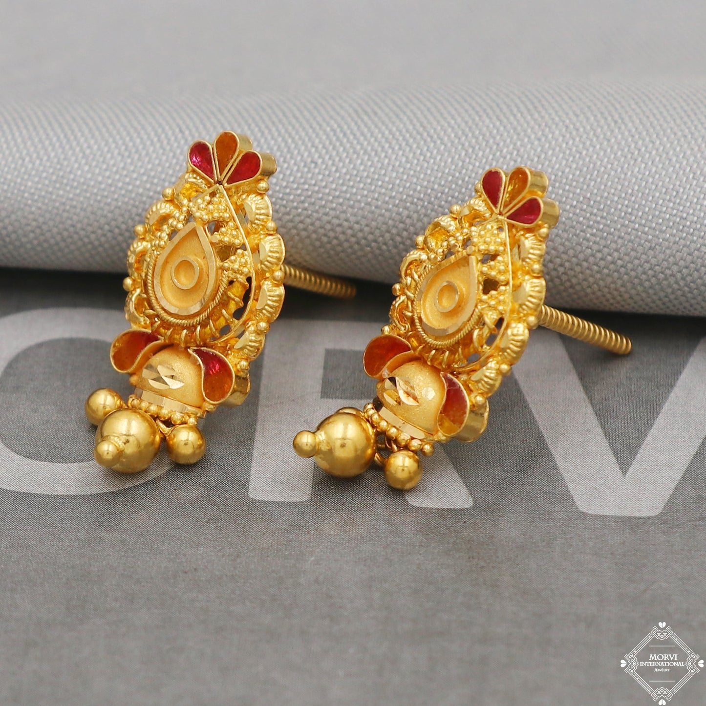 22k Yellow Gold Earrings Unique Handmade Indian 22kt Gold Stud Dangling Bells Earrings Jewelry for Gift, K5134