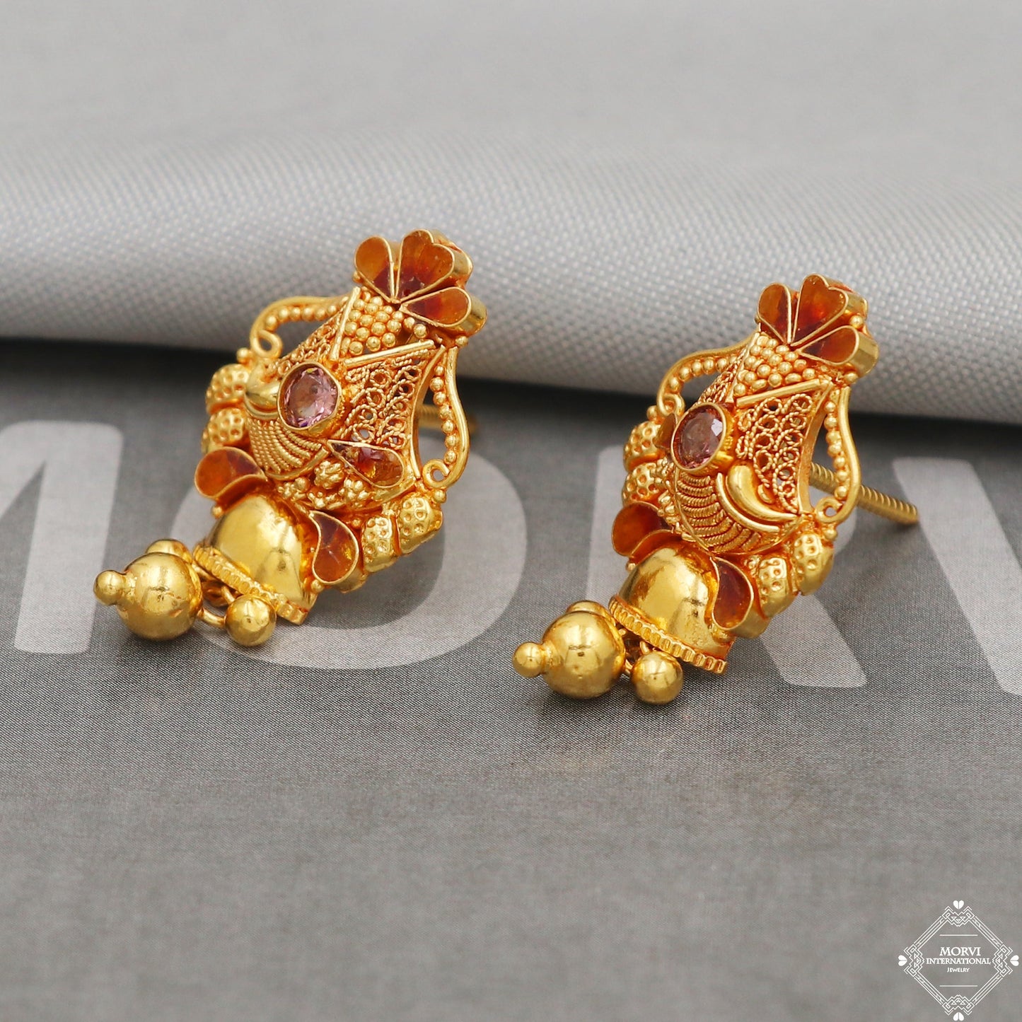 22k Yellow Gold Earrings Unique Handmade Indian 22kt Gold Stud Dangling Bell Earrings Jewelry for Gift, K5138