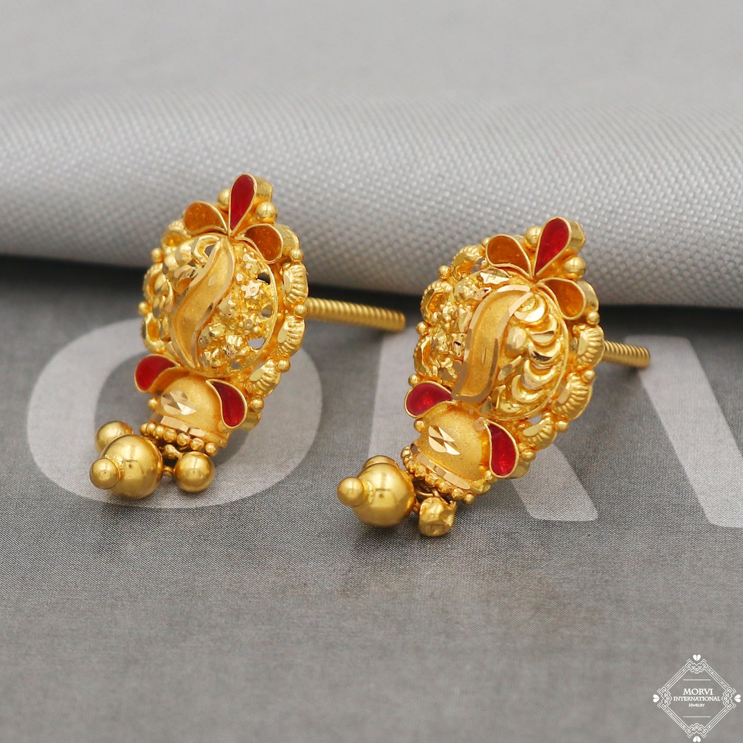 22k Yellow Gold Earrings Unique Handmade Indian 22kt Gold Stud filigree Dangling Bell Earrings Jewelry for Gift, K5139