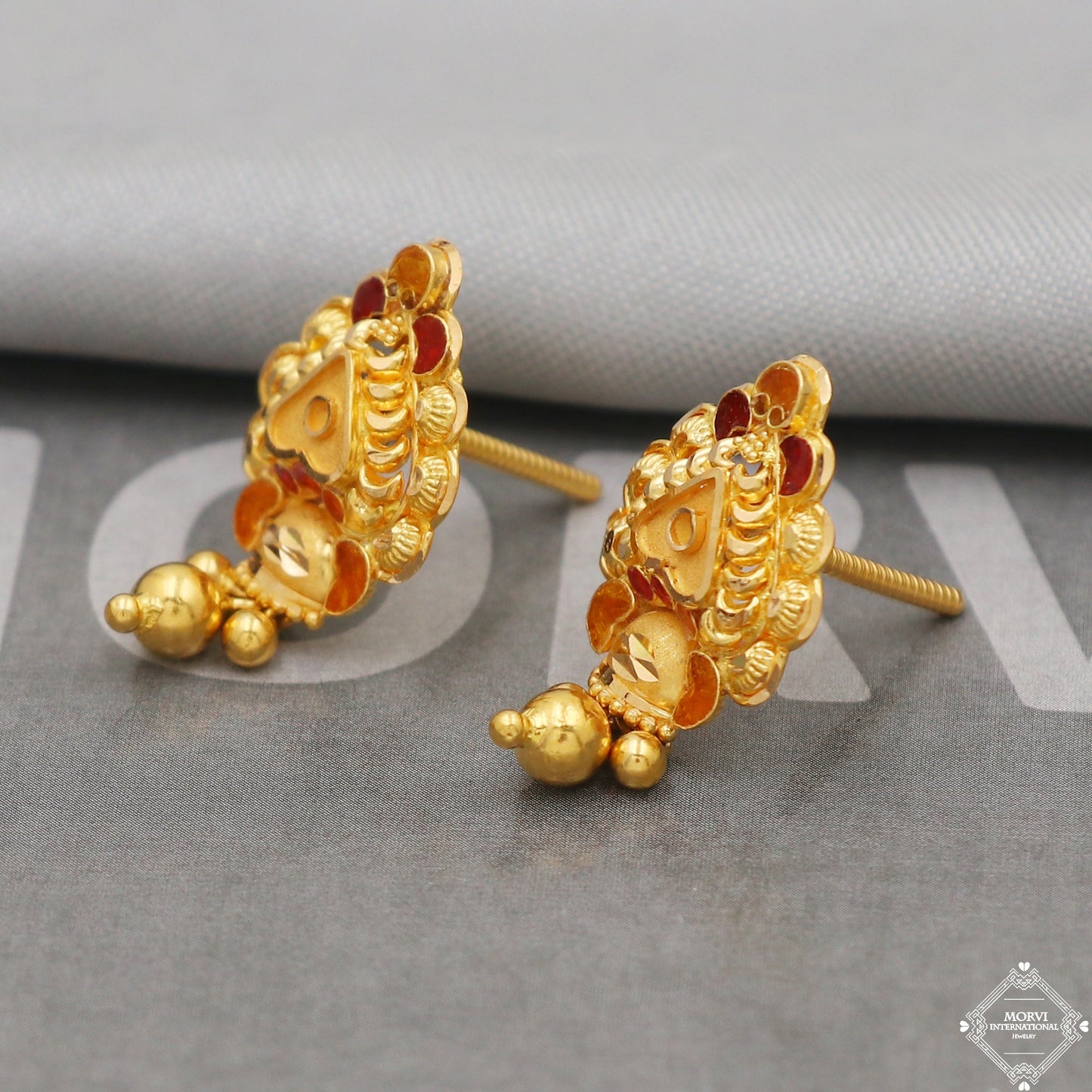 22k Yellow Gold Earrings Unique Handmade Indian 22kt Gold Stud filigree Dangling Bell Earrings Jewelry for Gift, K5140