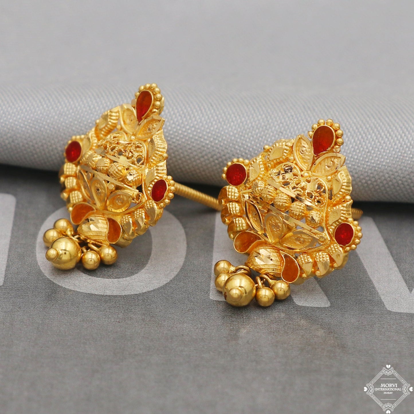 22kt 22k Yellow Gold Earrings Unique Handmade Indian 22kt Gold Stud Dangling Bell Earrings Jewelry for Gift, K5144