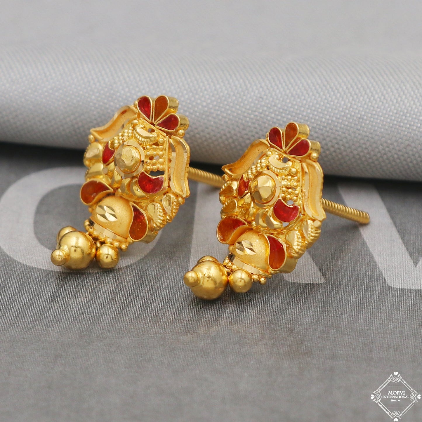 22k Gold Earrings Unique Handmade Indian 22kt Gold Stud Dangling Bell Earrings Jewelry for Gift, K5149