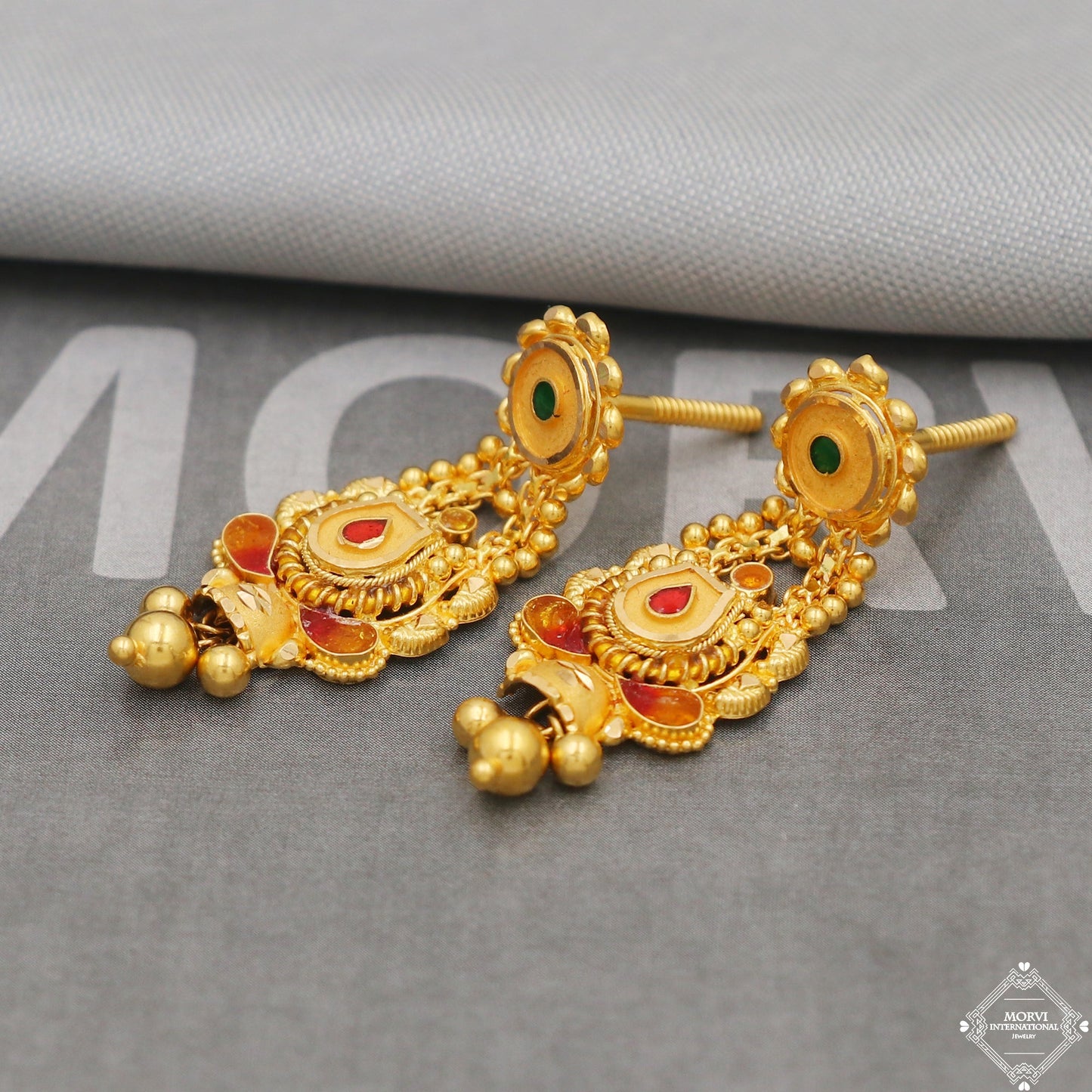 22k Gold Earrings Dangle Bells Party Wear Handmade Indian 22kt Gold Dangle screw back Earrings Jewelry for Gift, K5152