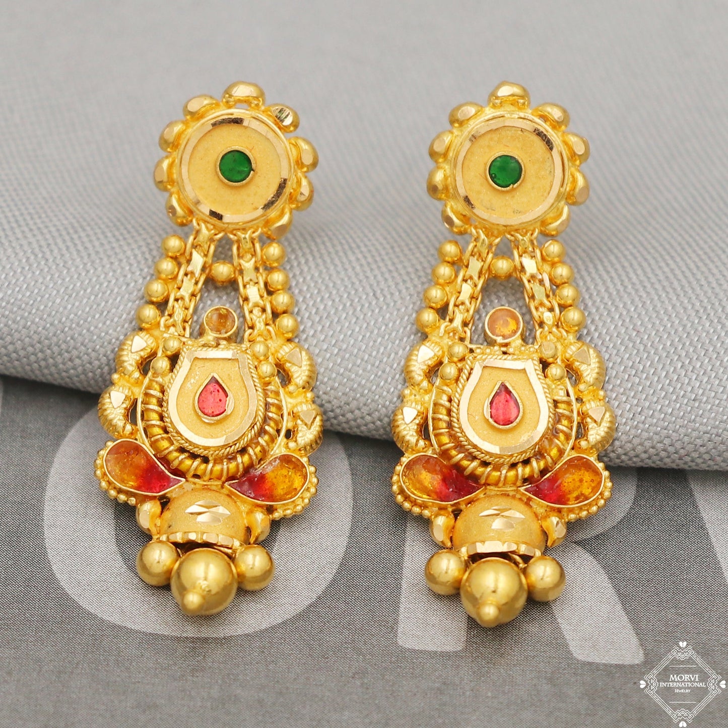 22k Gold Earrings Dangle Bells Party Wear Handmade Indian 22kt Gold Dangle screw back Earrings Jewelry for Gift, K5152