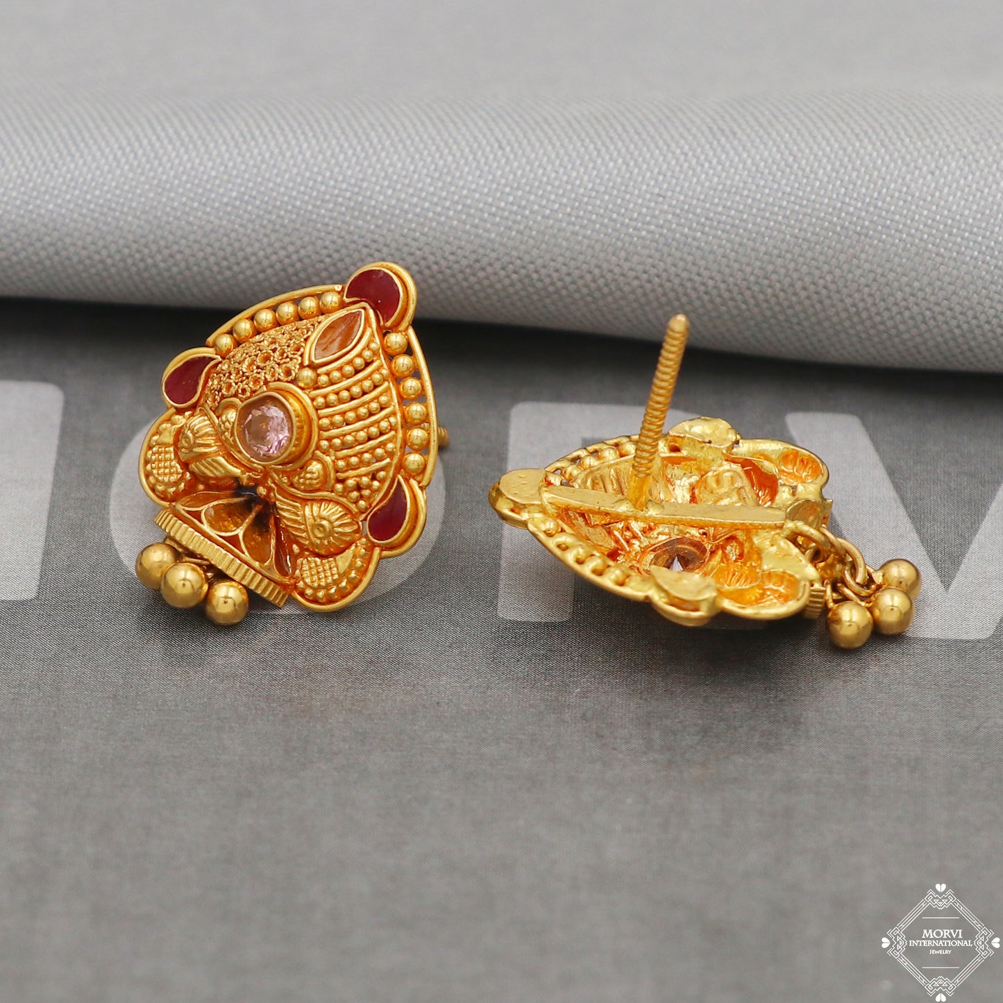 22k Gold Earrings Dangle Small Tiny Bells Filigree Party Wear Handmade Indian 22kt Gold Dangle screw back Earrings Jewelry for Gift, K5155