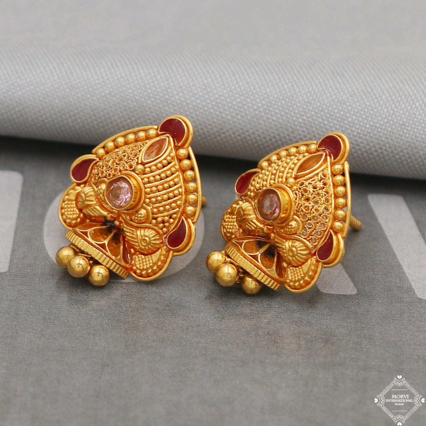22k Gold Earrings Dangle Small Tiny Bells Filigree Party Wear Handmade Indian 22kt Gold Dangle screw back Earrings Jewelry for Gift, K5155