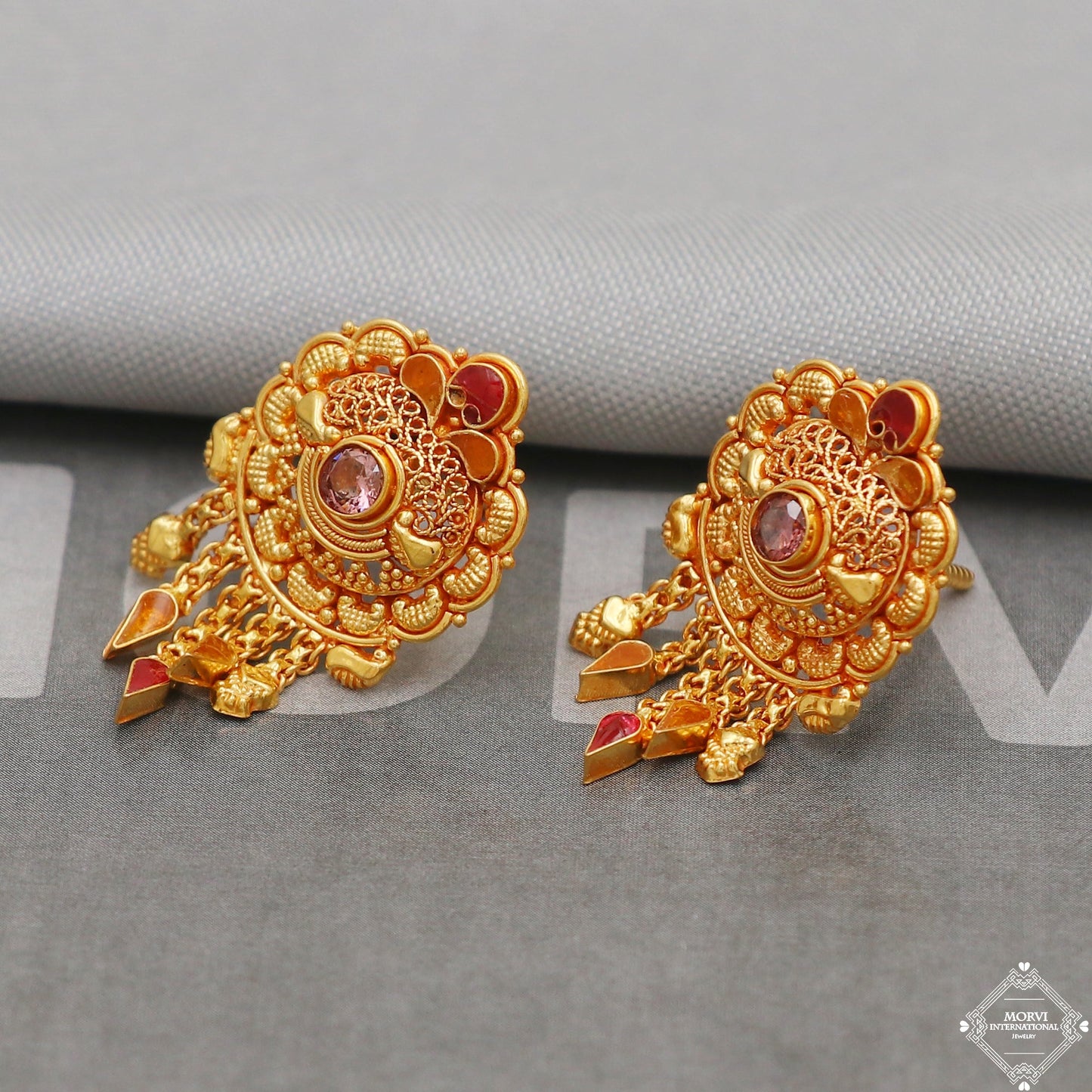22k Gold Earrings Dangle Small Tiny Filigree Party Wear Handmade Indian 22kt Gold Dangle screw back Earrings Jewelry for Gift, K5156