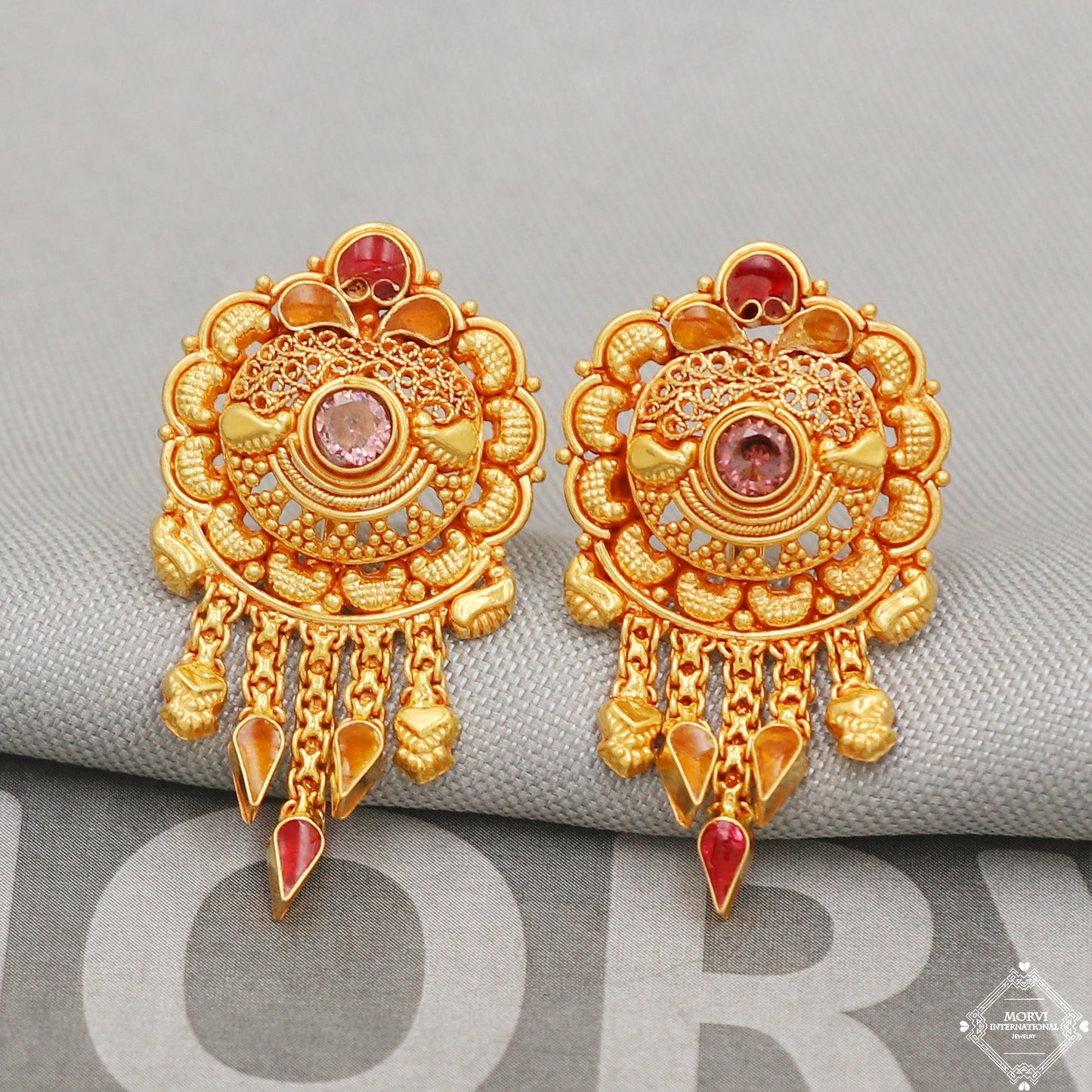 22k Gold Earrings Dangle Small Tiny Filigree Party Wear Handmade Indian 22kt Gold Dangle screw back Earrings Jewelry for Gift, K5156