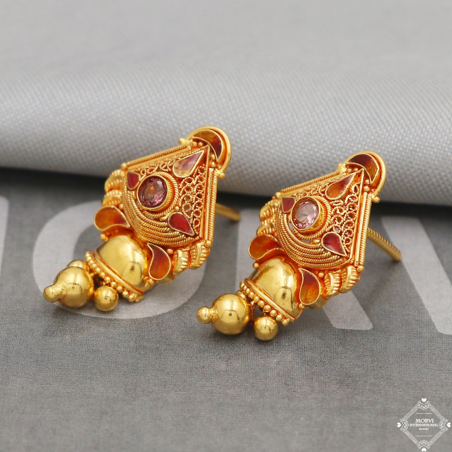 22k Gold Earrings Dangle Small Tiny Filigree Party Wear Handmade Indian 22kt Gold Dangle screw back Earrings Jewelry for Gift, K5157