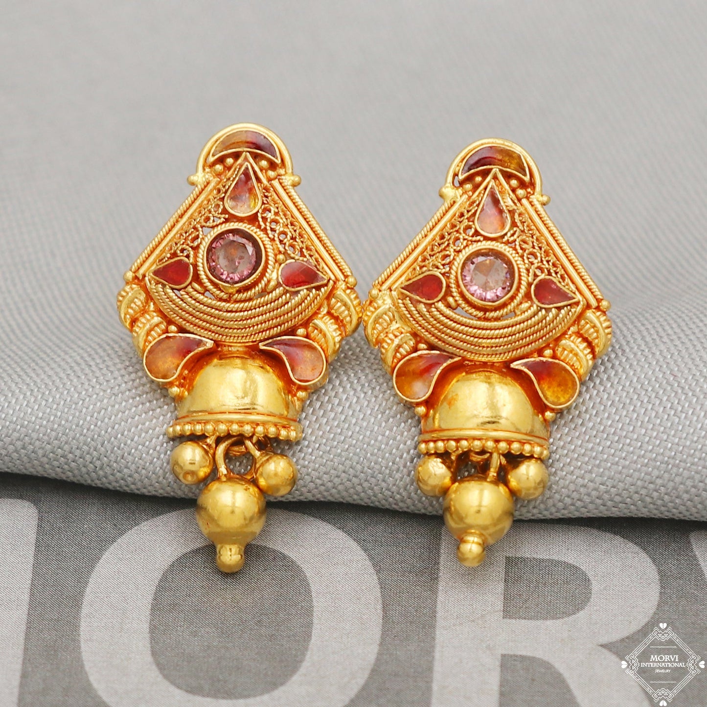 22k Gold Earrings Dangle Small Tiny Filigree Party Wear Handmade Indian 22kt Gold Dangle screw back Earrings Jewelry for Gift, K5157