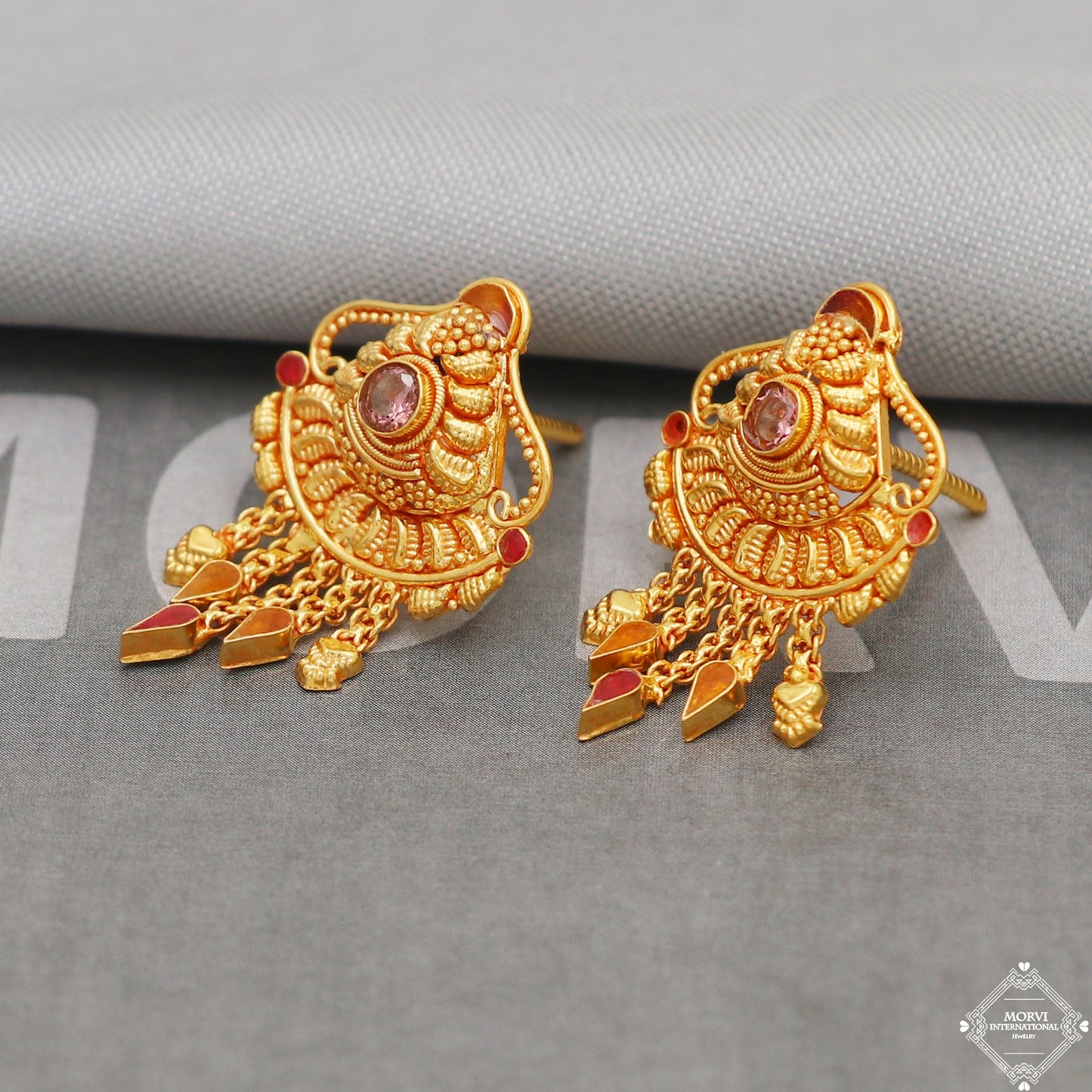 22k Gold Earrings Dangle Small Tiny Chain Party Wear Handmade Indian 22kt Gold Dangle screw back Earrings Jewelry for Gift, K5160