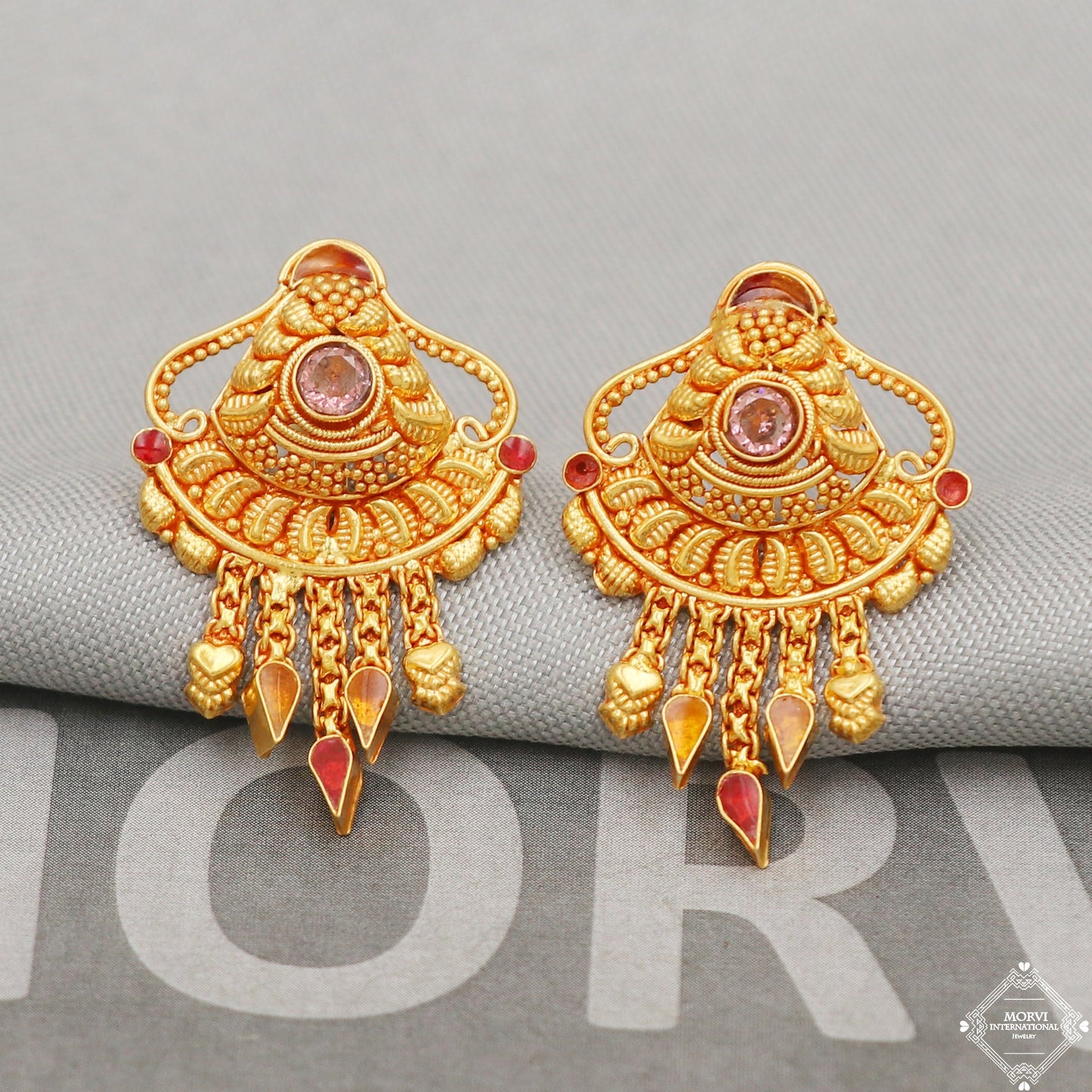 22k Gold Earrings Dangle Small Tiny Chain Party Wear Handmade Indian 22kt Gold Dangle screw back Earrings Jewelry for Gift, K5160