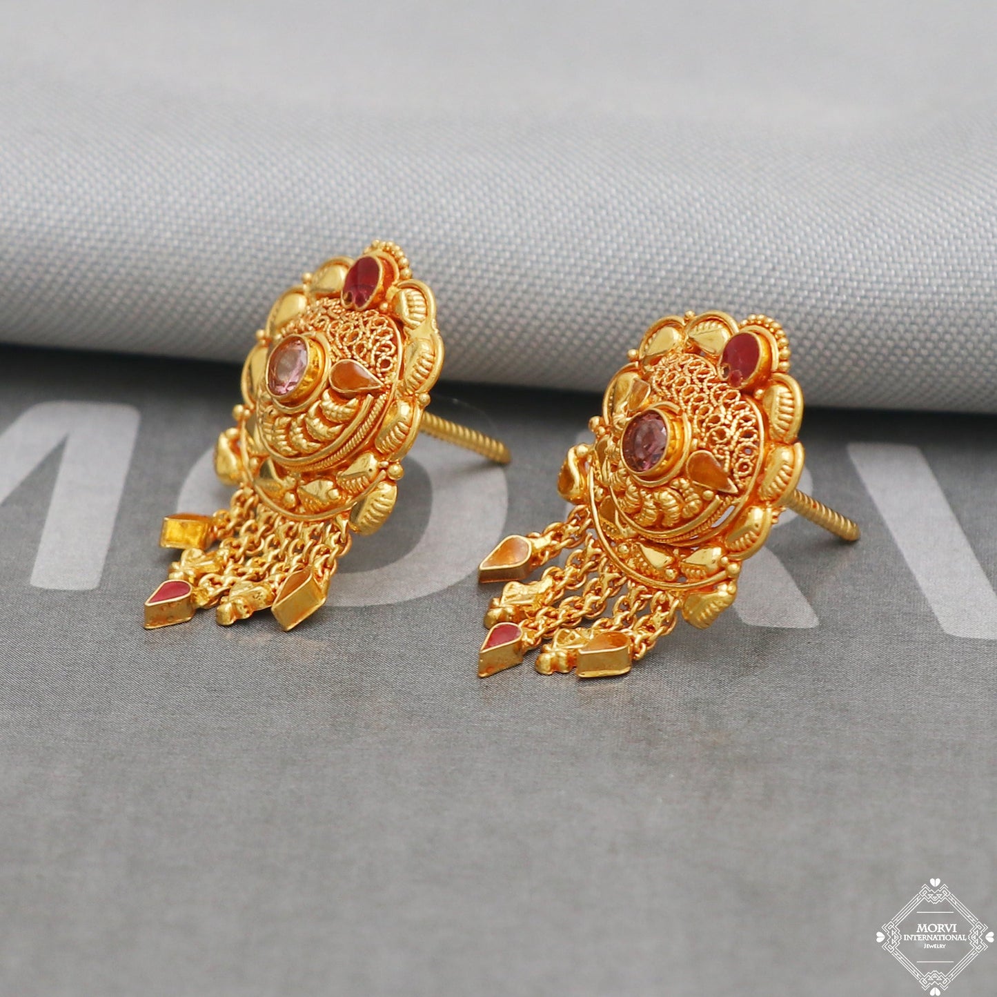 22k Yellow Gold Earrings Stud Style, Indian Handmade gold earrings for women, Wedding Party Wear Ethnic Earrings for Gift, K5208