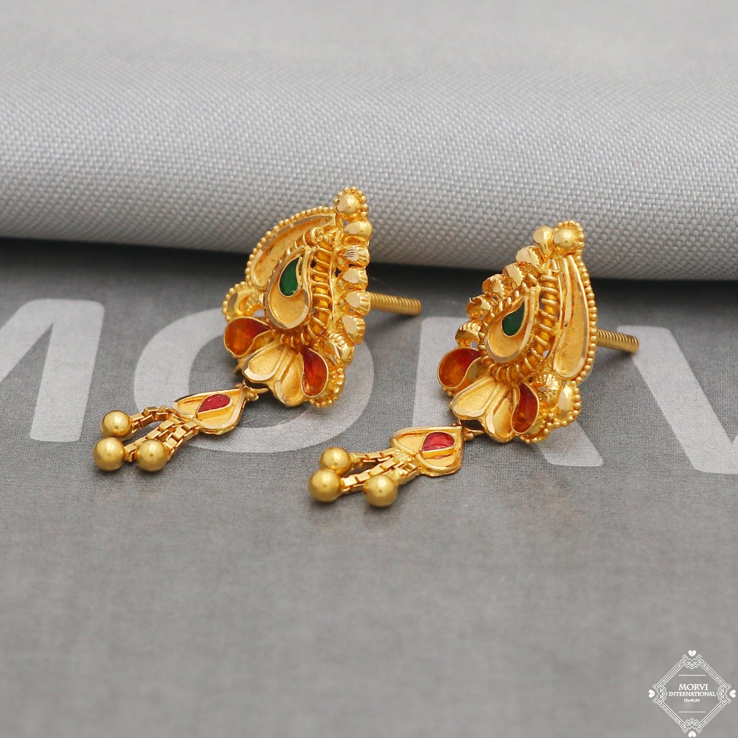 22k Yellow Gold Earrings Dangle Stud Style, Indian Handmade gold earrings for women, Wedding Party Wear Ethnic Earrings for Gift, K5212