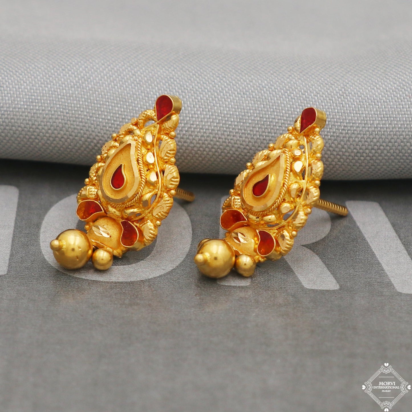 Pure 22k 22kt 22 karat Gold Earring Pair, Handmade Indian Jewelry for Gift, K5232