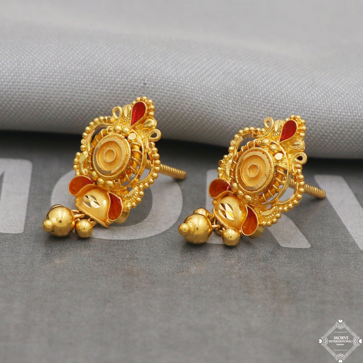 Pure 22k 22kt 22 karat Gold Earring Pair, Handmade Indian Jewelry for Gift, K5234