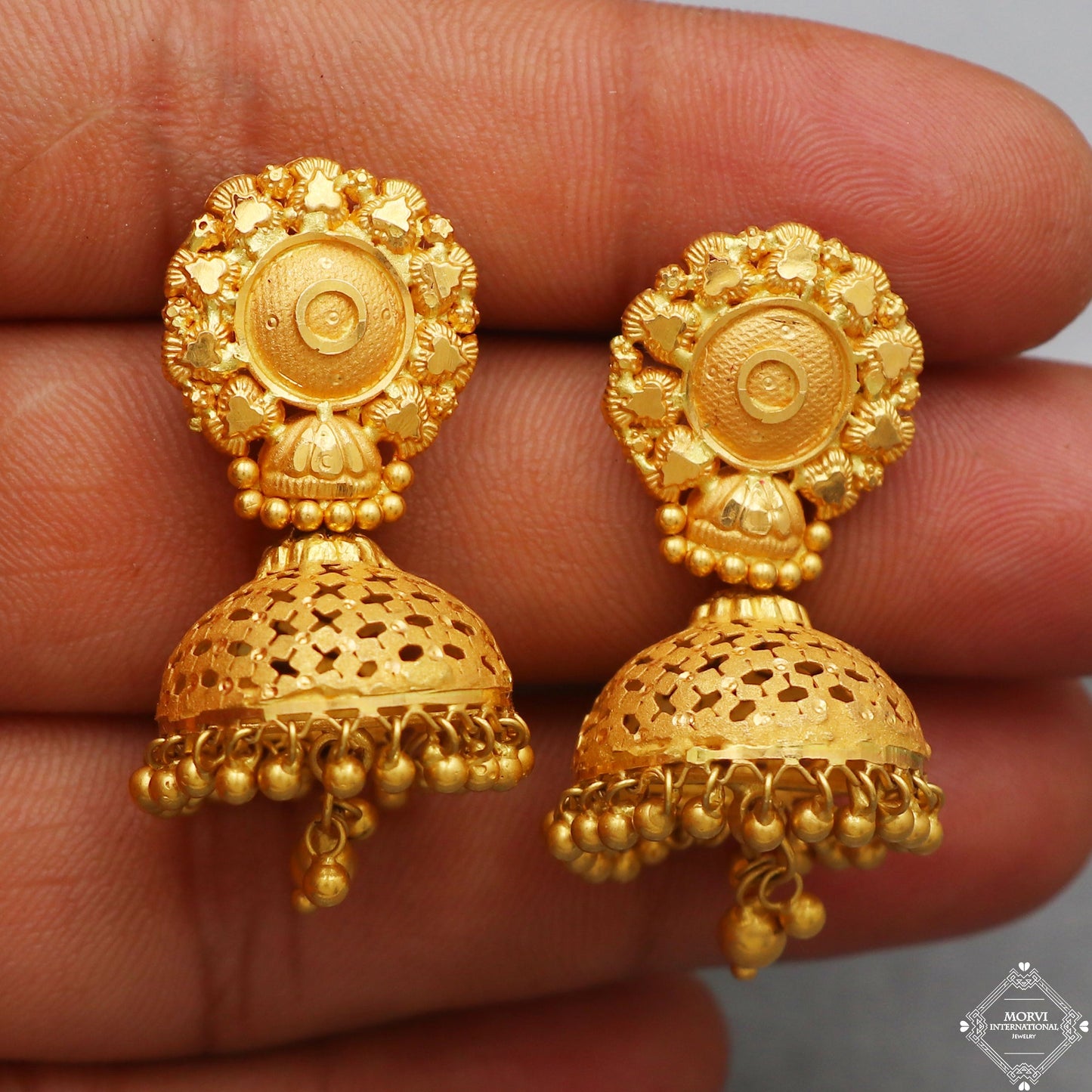 22k Yellow Gold Earrings Jhumka jewelry , handmade vintage Pure Traditional wedding indian style Dangle Jhumki Earrings Chandelier, K5237