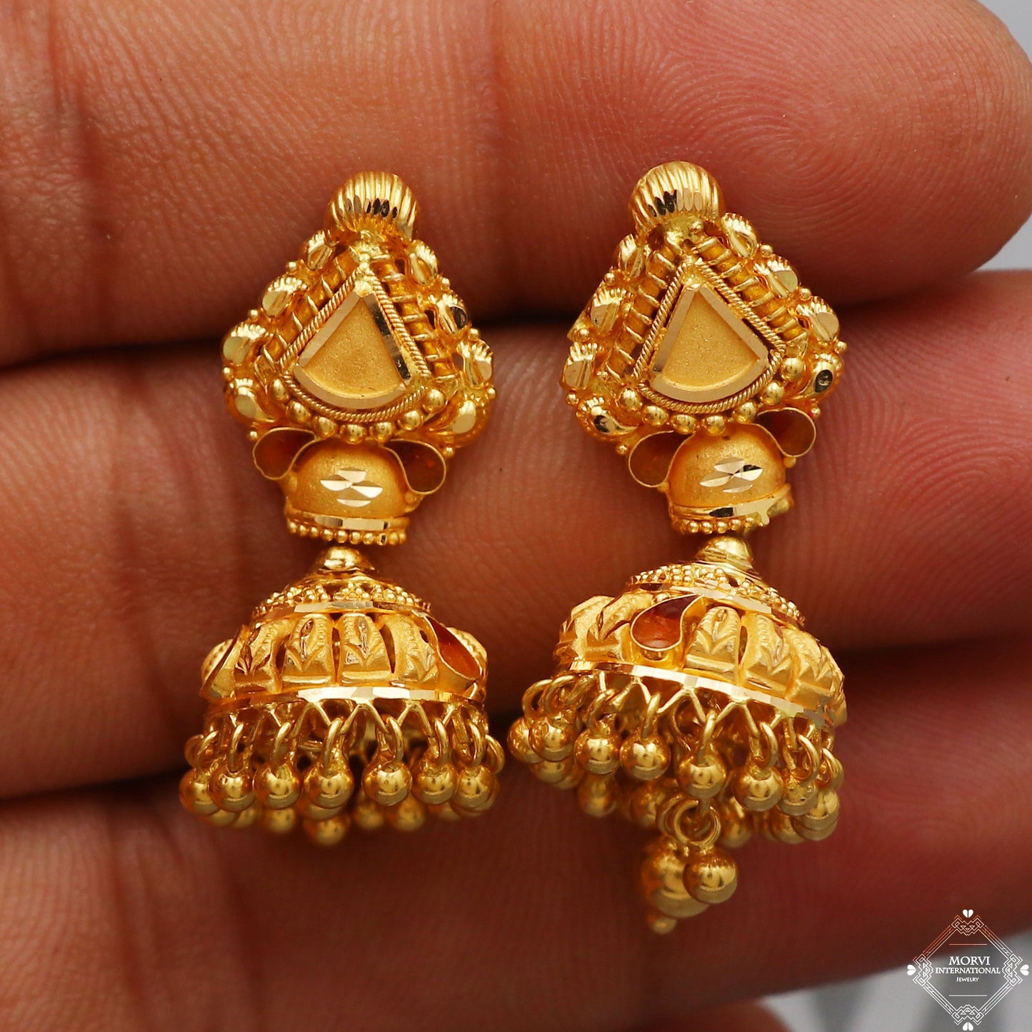 22k Yellow Gold Earrings Jhumka jewelry , handmade vintage Pure Traditional wedding indian style Dangle Jhumki Earrings Chandelier, K5239