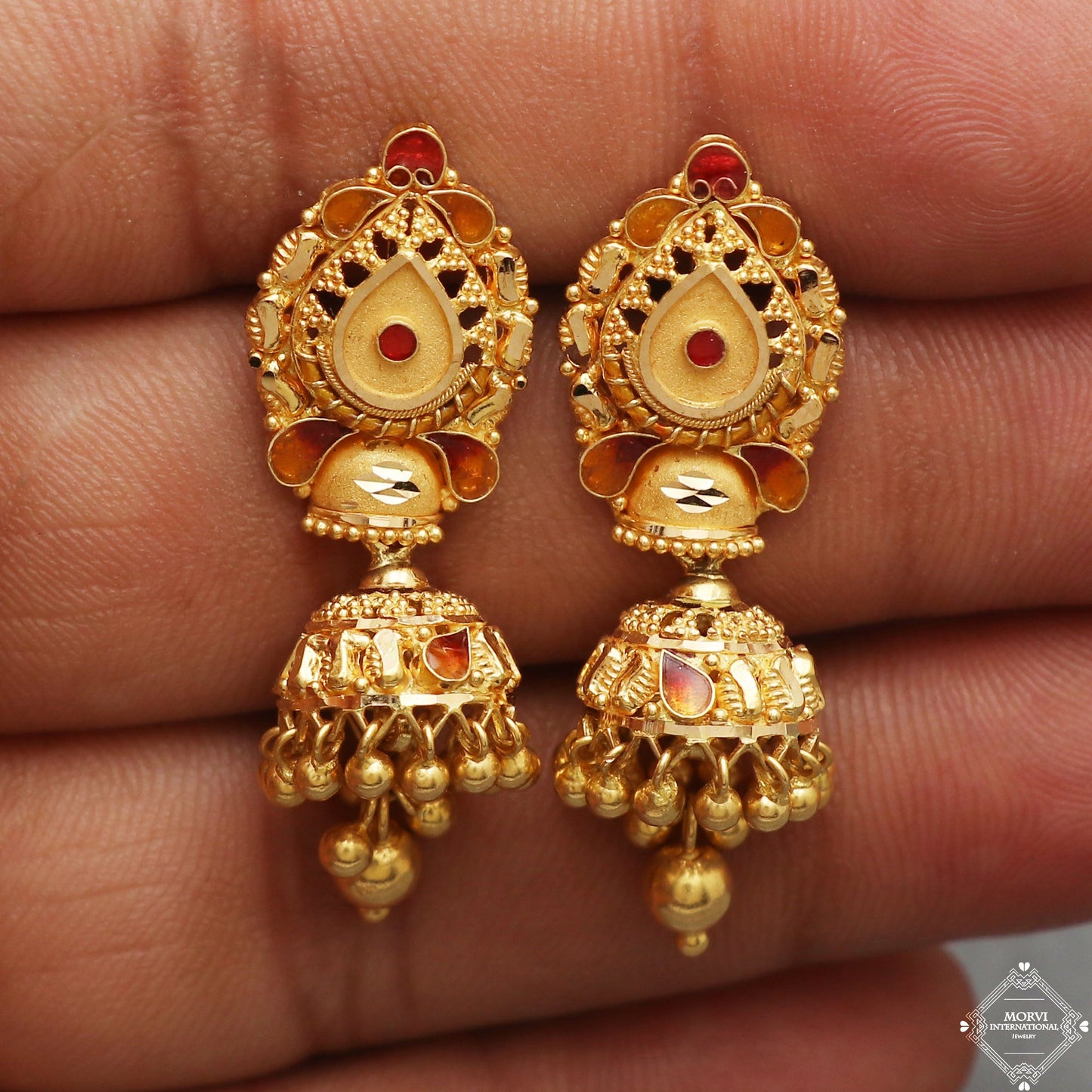 22k Yellow Gold Earrings Jhumki jewelry , handmade vintage Pure Traditional wedding indian style Dangle Jhumki Earrings Chandelier, K5264