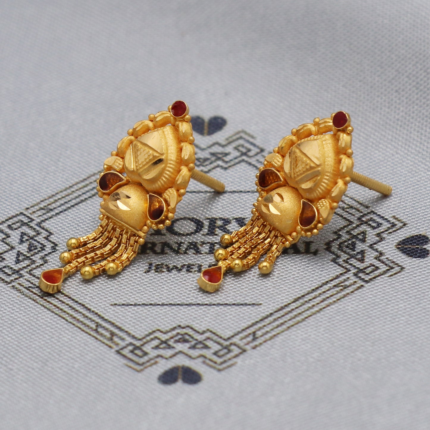 Indian Gold Earrings for women made in 22k gold with little danlging chains, hand carved design little red enamel, gold tops stud, K5470