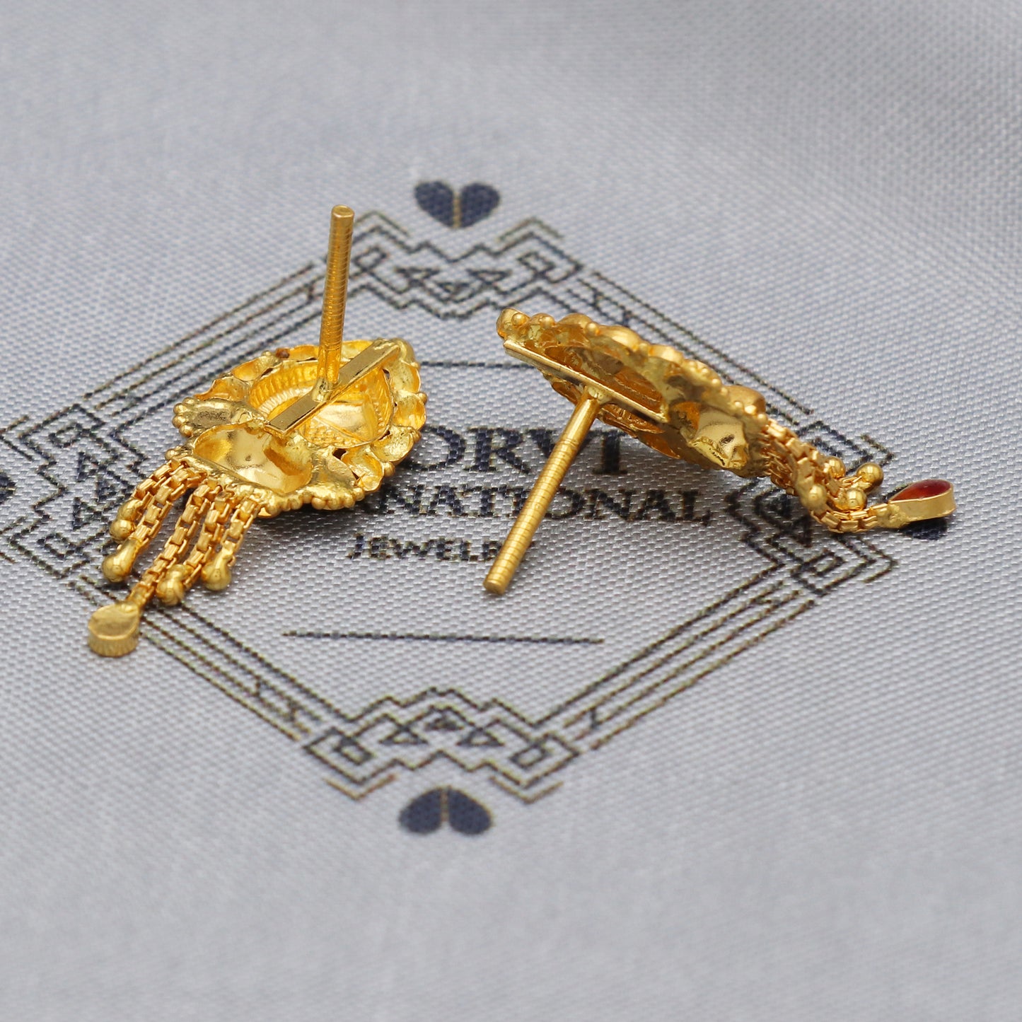 Indian Gold Earrings for women made in 22k gold with little danlging chains, hand carved design little red enamel, gold tops stud, K5470