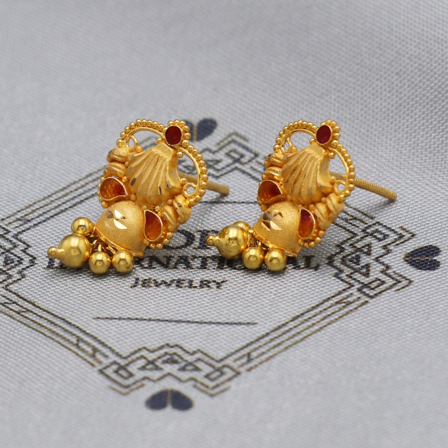 22k 22kt 22 karat Yellow Gold Earrings dangling bell beads Dangle Stud Handmade Indian Jewelry for Gift, K5471