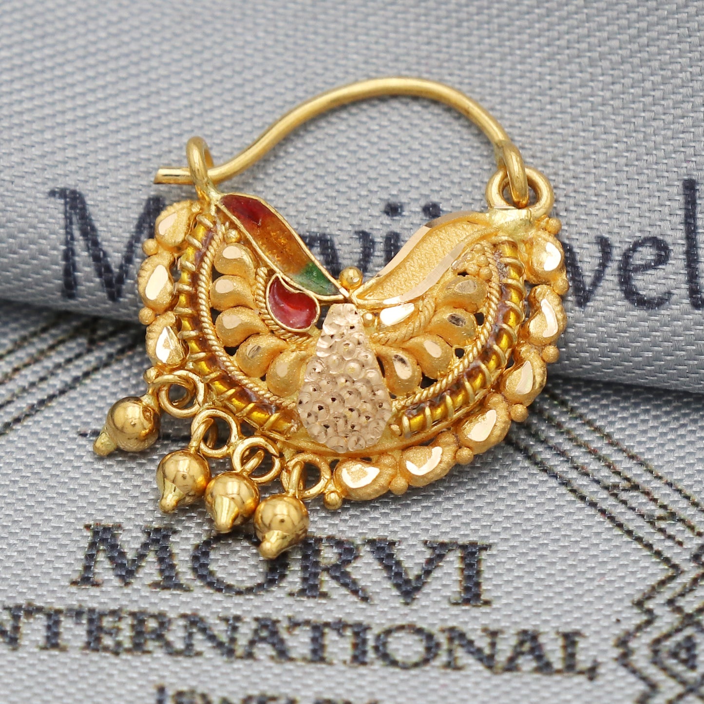 22k Gold Nose Ring Indian Vintage Design Pure Gold Nath / Earrings  Handmade Nose pin, 22k Yellow Gold Nath Wedding Jewelry, K5486