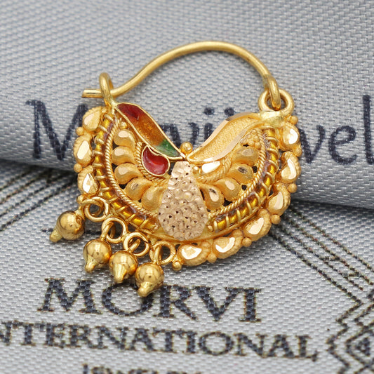 22k Gold Nose Ring Indian Vintage Design Pure Gold Nath / Earrings  Handmade Nose pin, 22k Yellow Gold Nath Wedding Jewelry, K5486
