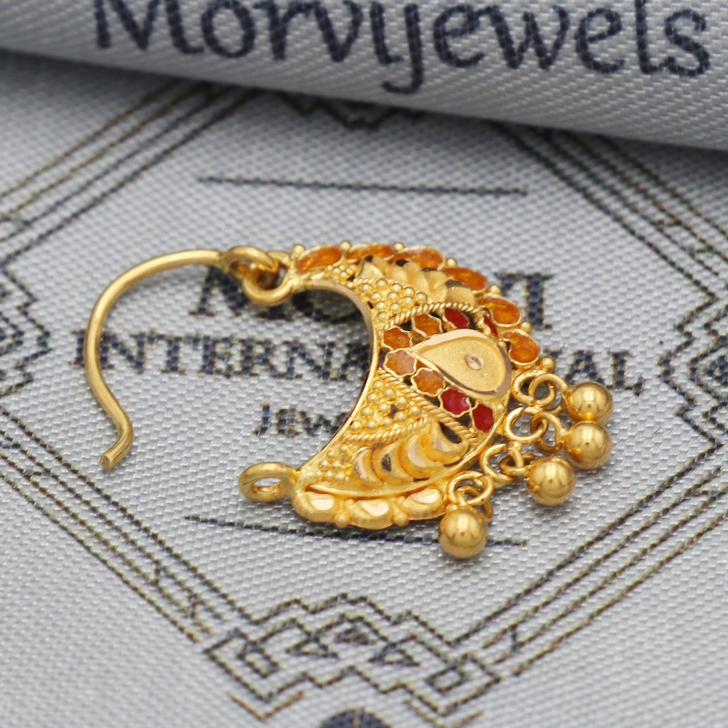 22k Gold Nose Ring Indian  Nath / Earrings Nose Ring Traditional Handmade Nose pin, 22k Yellow Gold Nath Wedding Jewelry, K5487