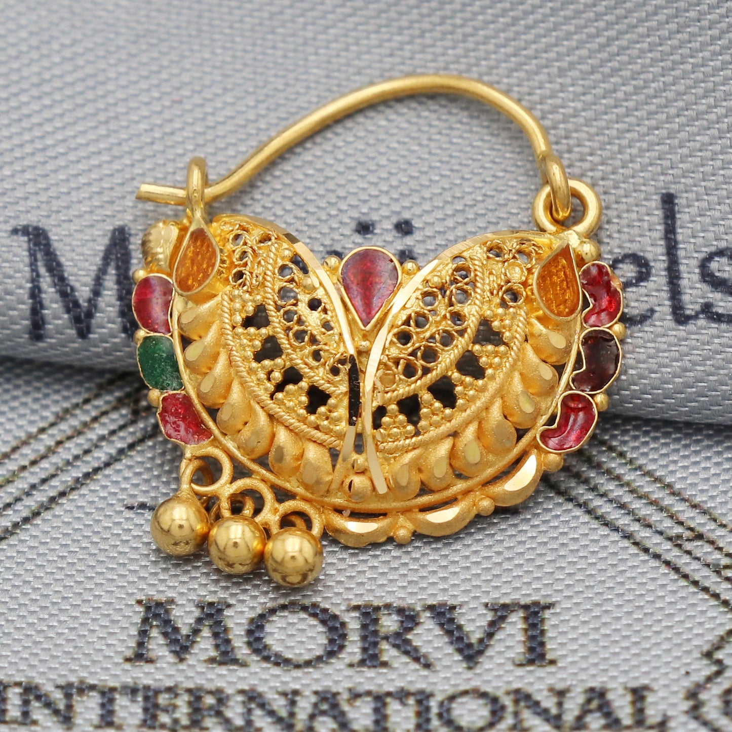 22k Gold Nose Ring Indian Vintage Design Pure Gold Nath / Earrings Nose Ring 22k Yellow Gold Nath Wedding Jewelry, K5488