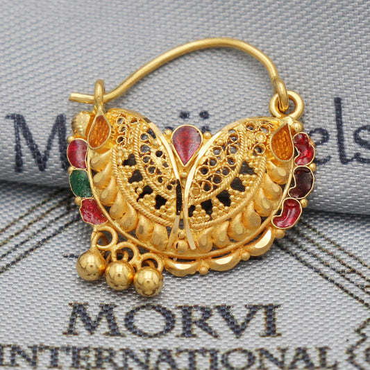 22k Gold Nose Ring Indian Vintage Design Pure Gold Nath / Earrings Nose Ring 22k Yellow Gold Nath Wedding Jewelry, K5488