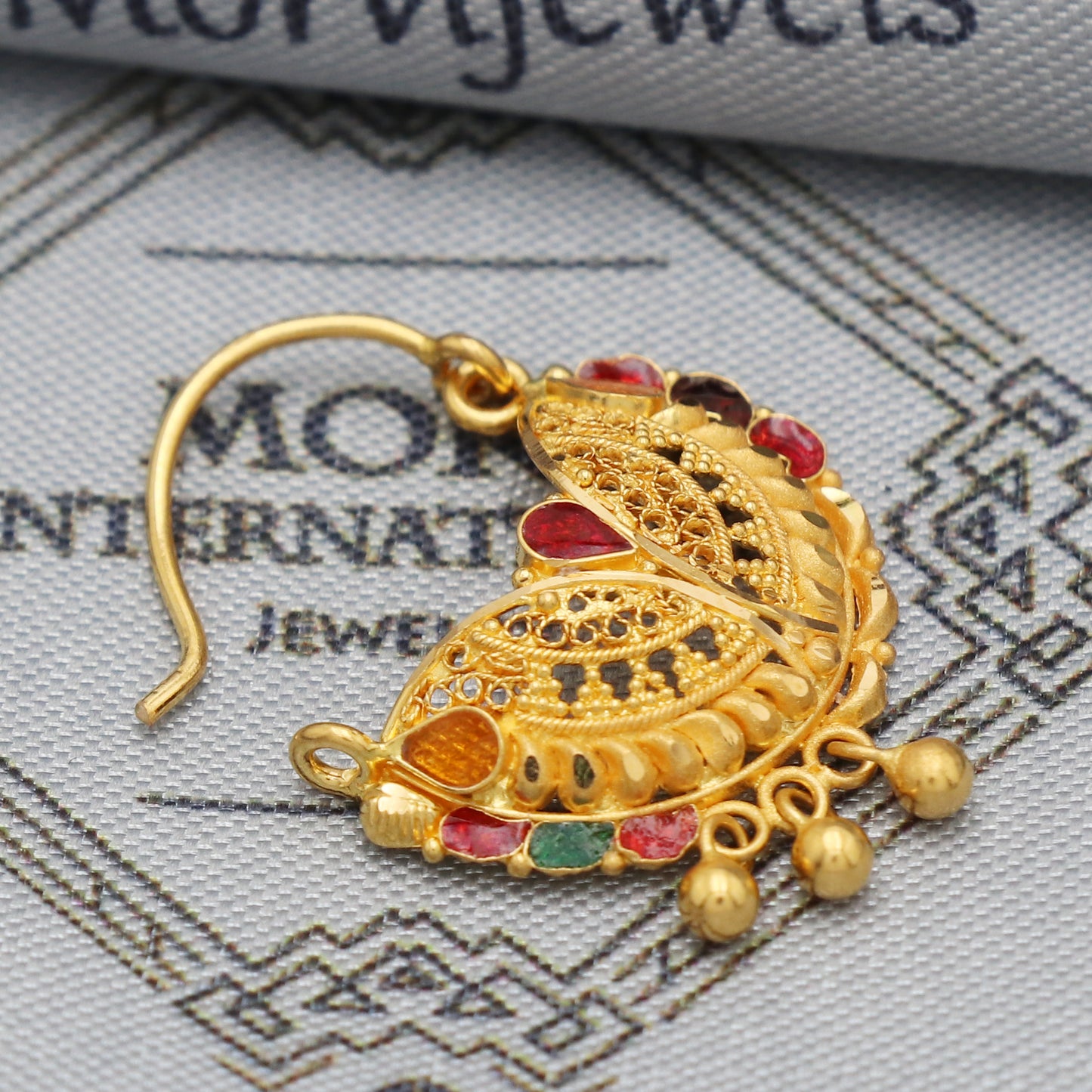 22k Gold Nose Ring Indian Vintage Design Pure Gold Nath / Earrings Nose Ring 22k Yellow Gold Nath Wedding Jewelry, K5488