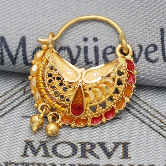 22k Gold Nose Ring Indian Vintage Design Pure Gold Nath / Earrings Nose Ring Traditional Handmade Nose pin, Nath Wedding Jewelry, K5489