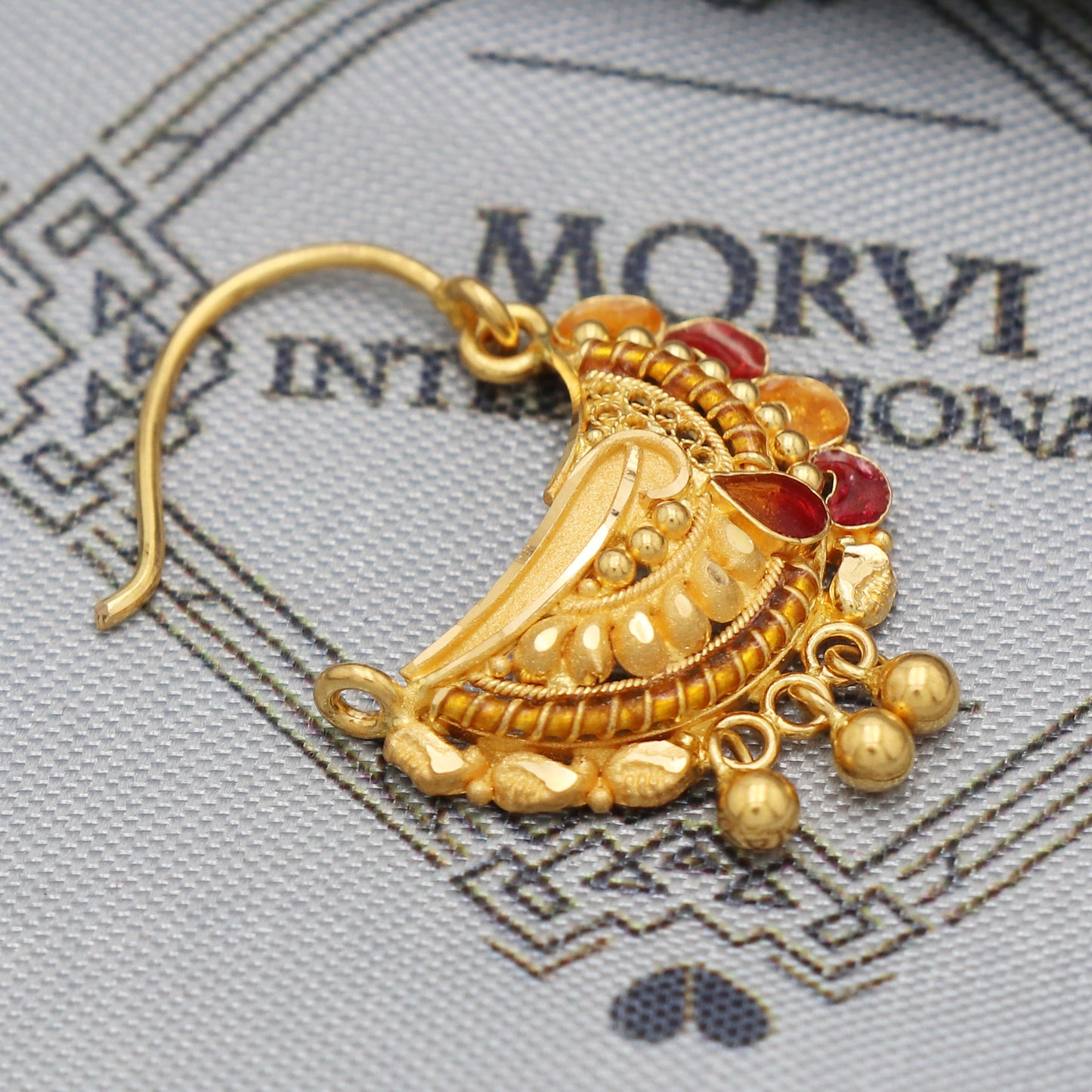 22k Gold Nose Ring Indian Vintage Design Pure Gold Nath / Earrings Nose Ring Traditional Handmade Nose pin, 22k Yellow Gold Nath Wedding Jewelry, K5491