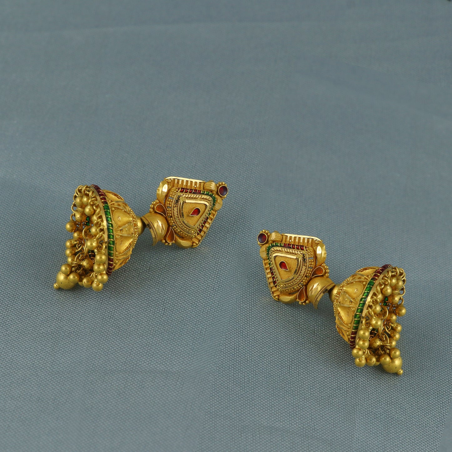22k Yellow Gold jhumka Earrings , wedding, bridal, hanging small beads indian ethnic gold earrings jewelry, K5970