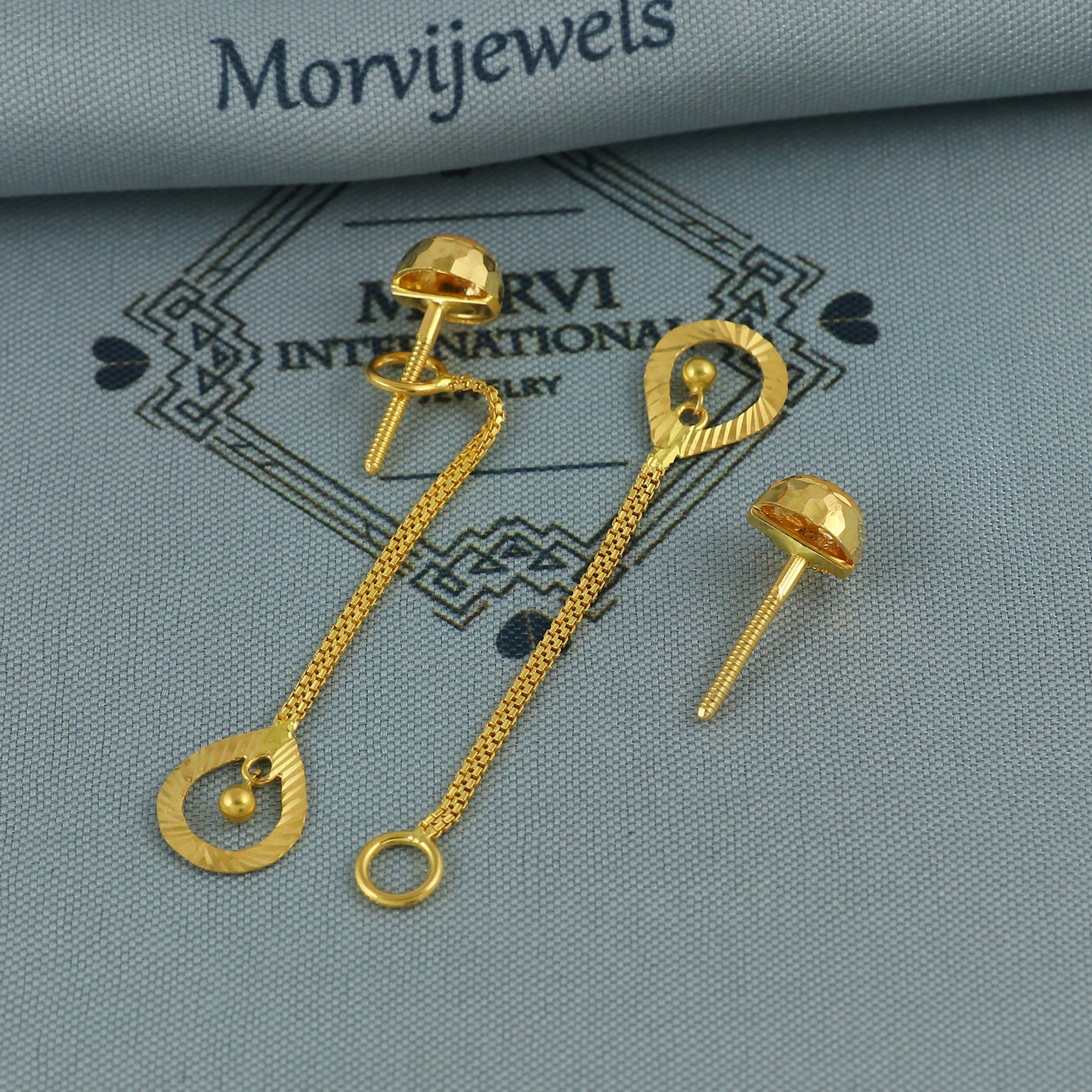 22k Gold Stud Earrings dangling Ear chain, Handmade Yellow gold earrings for women, 8 mm Ball Stud, Beads Stud, small earrings, K5971
