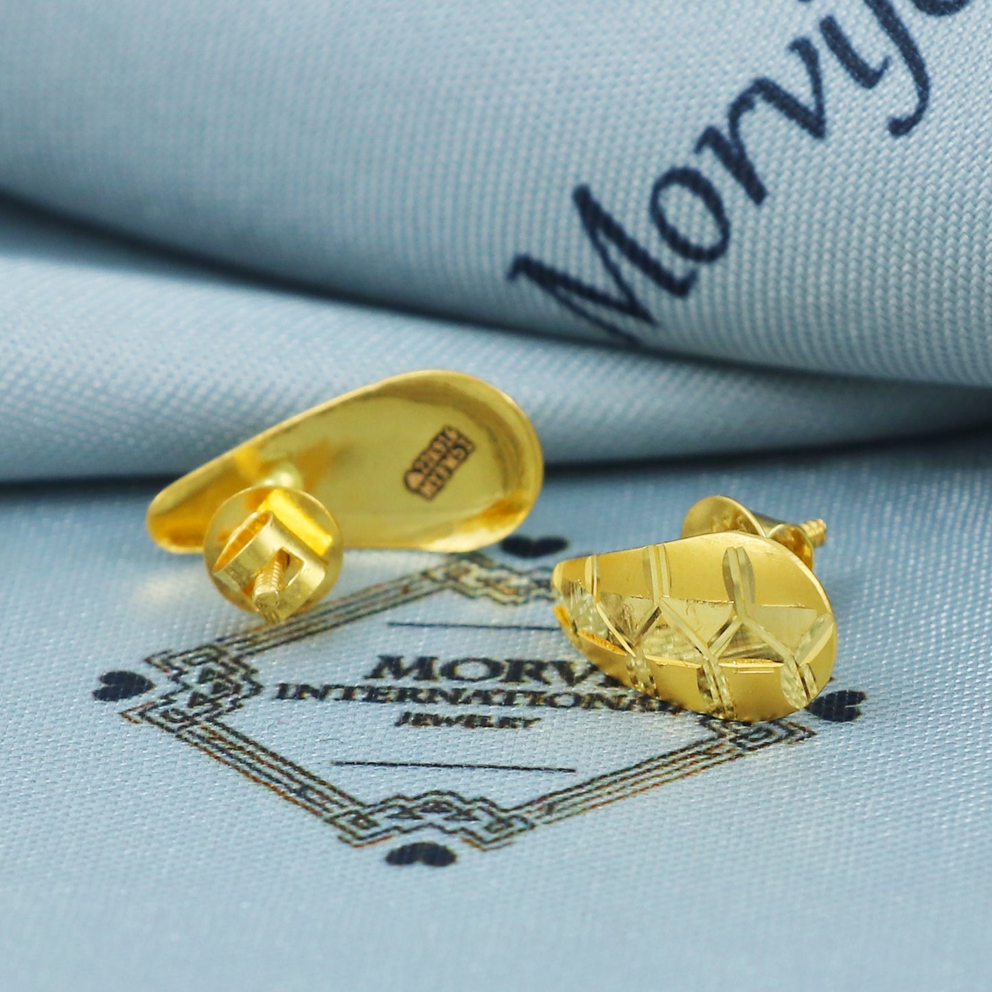 22k Gold Stud Earrings Plain Engraved 22kt Jewelry Exclusive Authentic BIS Hallmarked Stamped "22k916" Jewelry, MJ0046