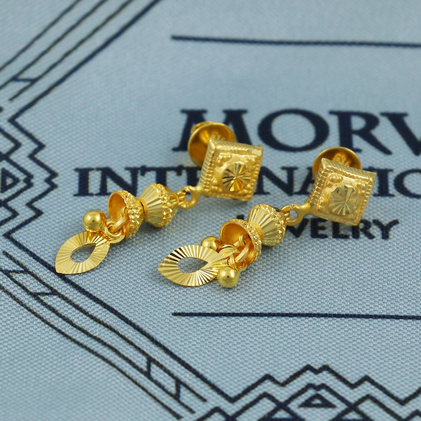22k Gold Dangle Earrings Dainty Indian 22kt Jewelry Exclusive Authentic BIS Hallmarked Stamped "22k916" Jewelry, MJ0055