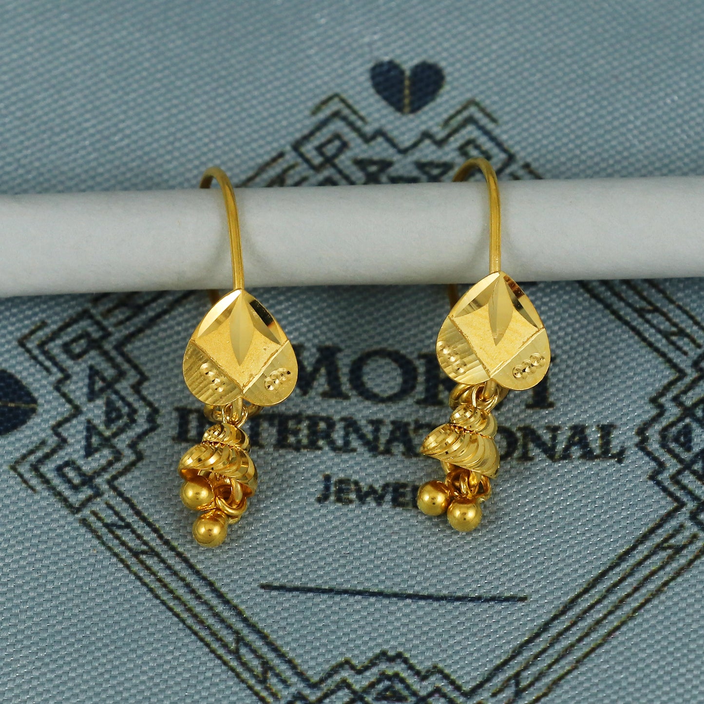 22k Gold Earrings Engraved Ear wire Hook Dangle Earrings , Small Dangling 22kt Earrings, Indian Gold Earrings, Party Wear Earrings, MJ0108