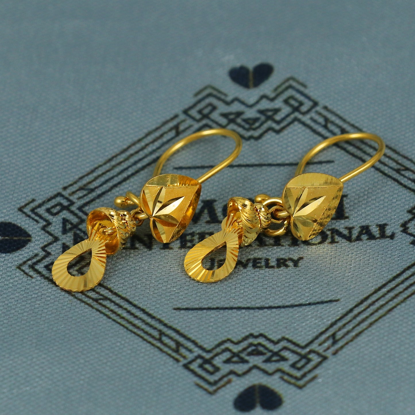 22k Gold Earrings Engraved Ear wire Hook Dangle Earrings , Small Dangling 22kt Earrings, Indian Gold Earrings, Party Wear Earrings, MJ0112