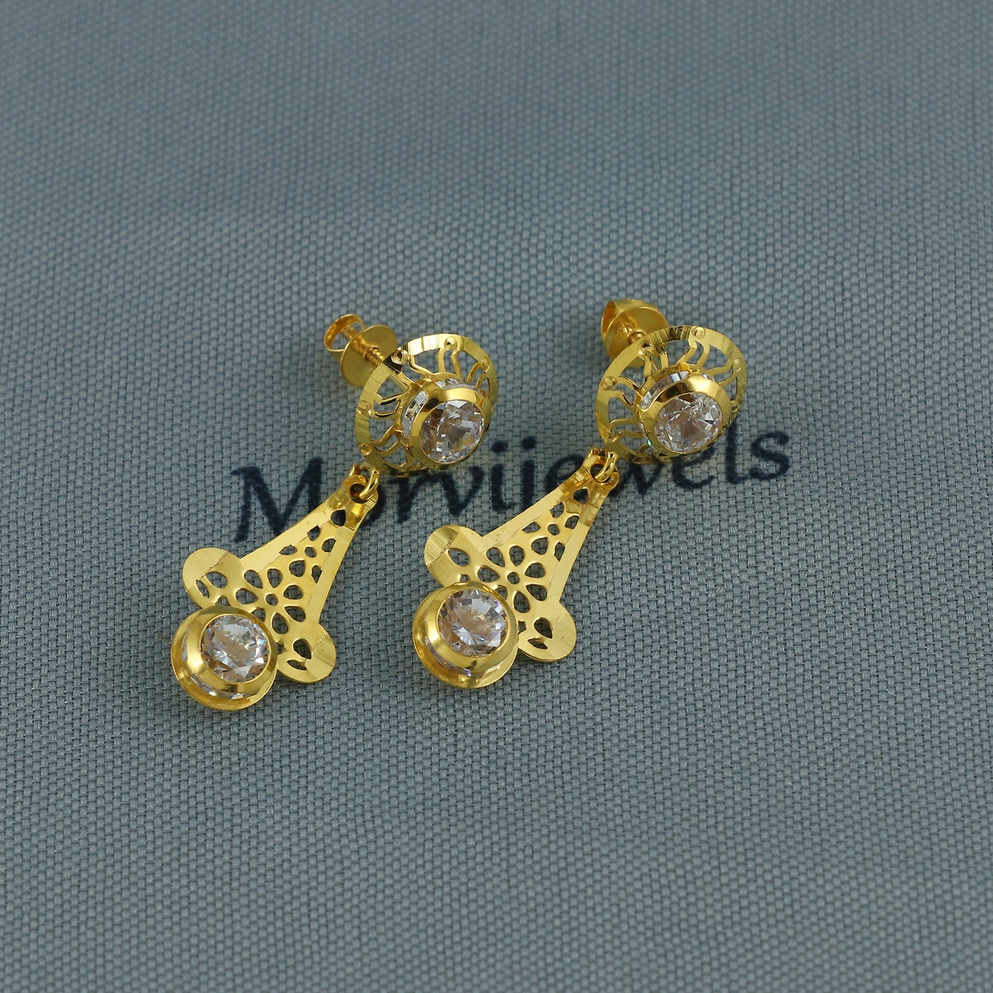 Elegant 18k Gold Dangle Earrings with CZ Stones, Light Weight Dainty Earrings Handmade Indian Jewelry, MJ0118