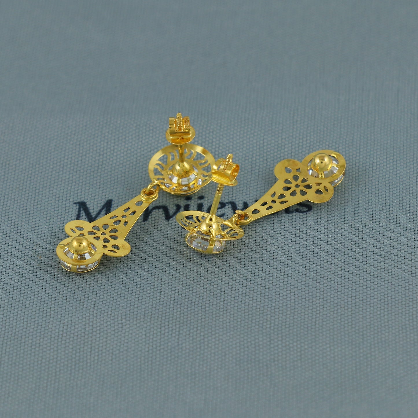 Elegant 18k Gold Dangle Earrings with CZ Stones, Light Weight Dainty Earrings Handmade Indian Jewelry, MJ0118