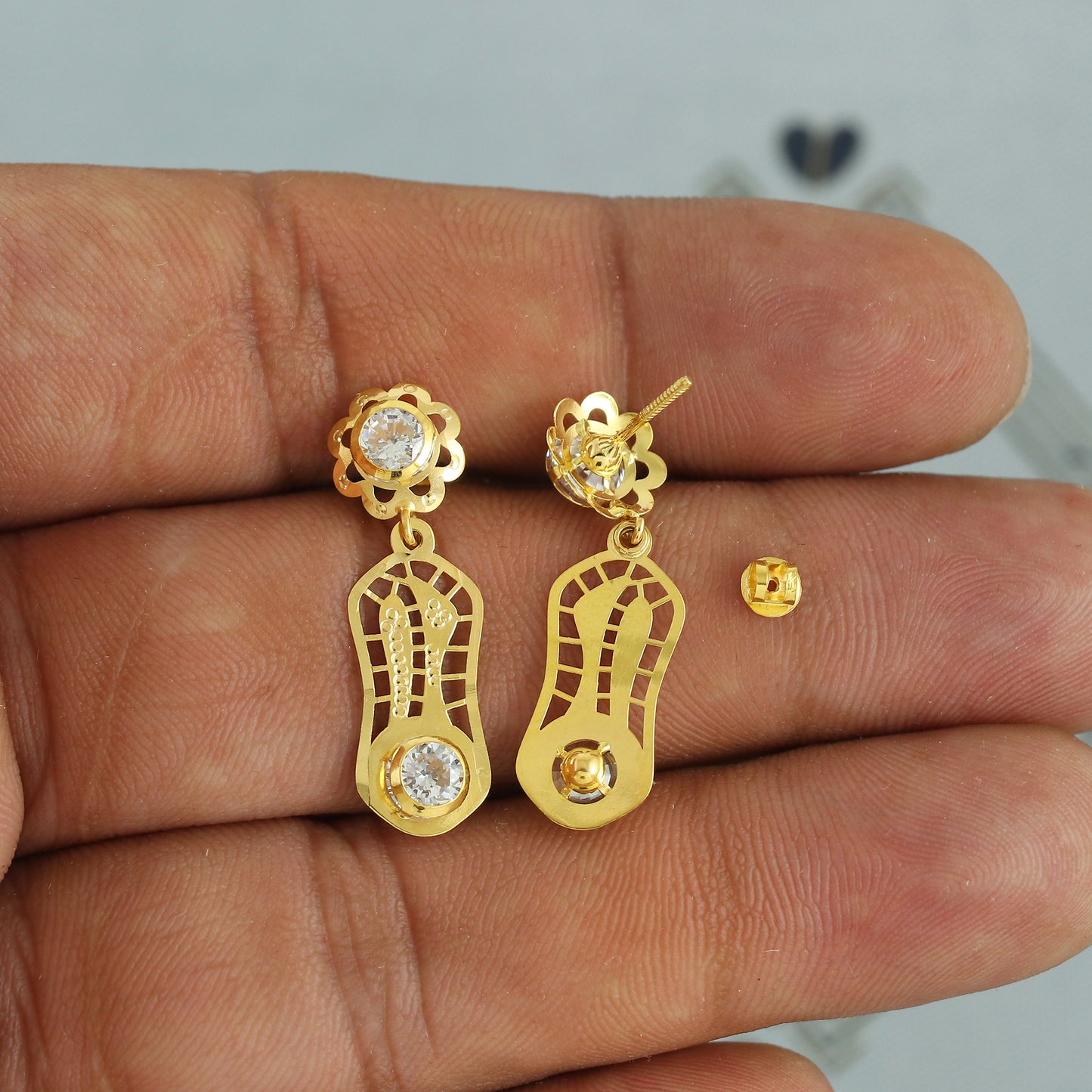 Elegant 18k Gold Dangle Earrings with CZ Stones, Light Weight Dainty Earrings Handmade Indian Jewelry, MJ0119