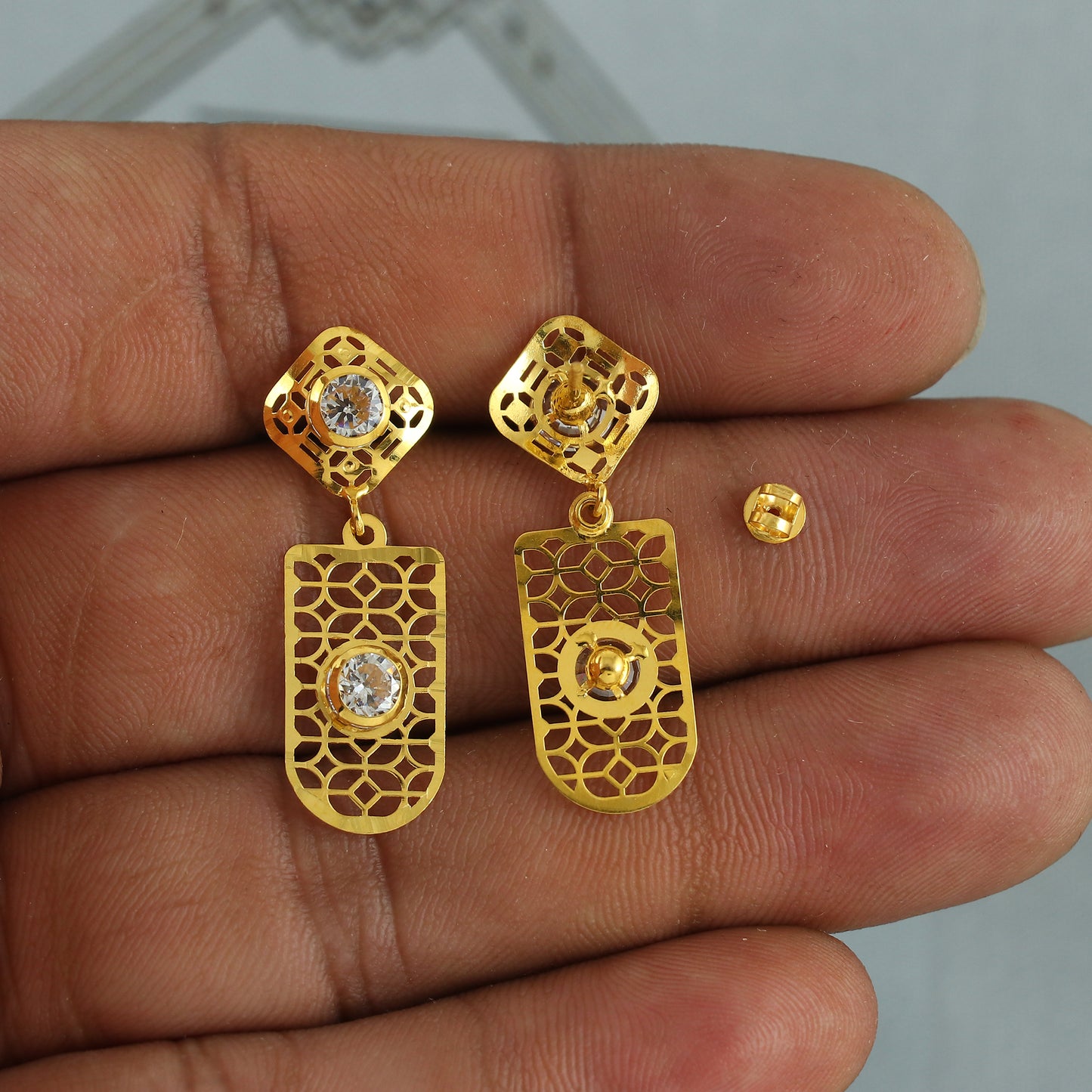 Elegant 18k Gold Dangle Earrings with CZ Stones, Light Weight Dainty Earrings Handmade Indian Jewelry, MJ0122