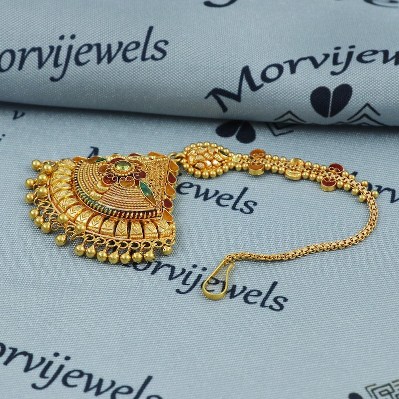 22k Gold Traditional Mang Tikka for Bridal Wear | Handcrafted Indian Wedding Jewelry | Pure Gold Headpiece for Women, K5372