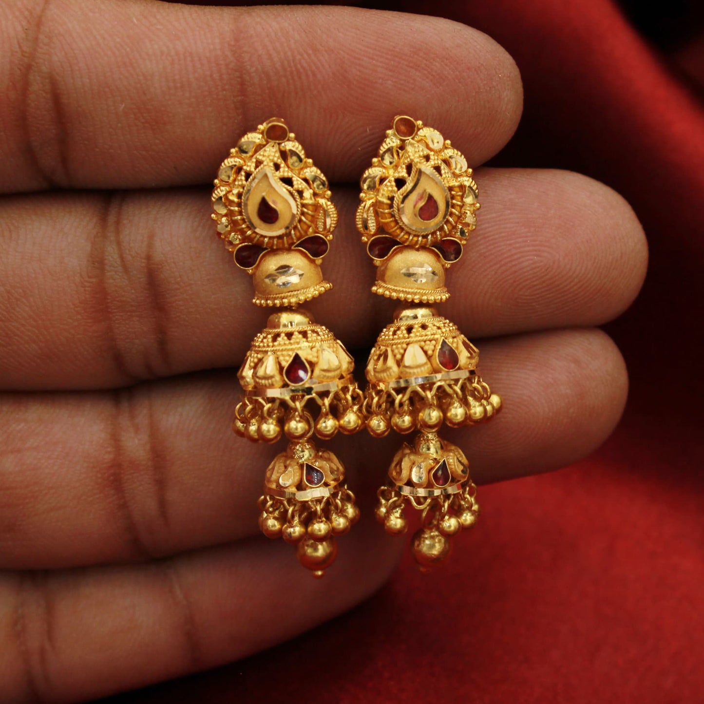 22k Yellow Gold Earrings Jewelry, Double Jhumka Earrings, wedding party wear earrings